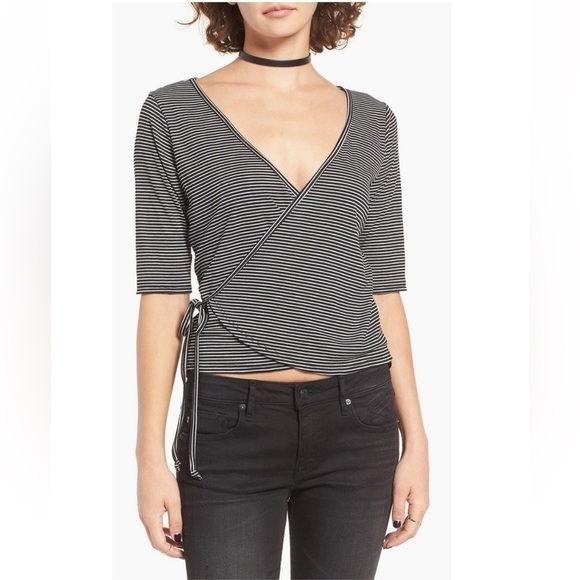 Hiatus Tops - NWT BP Hiatus Stripe Cropped Wrap Tee Black & White